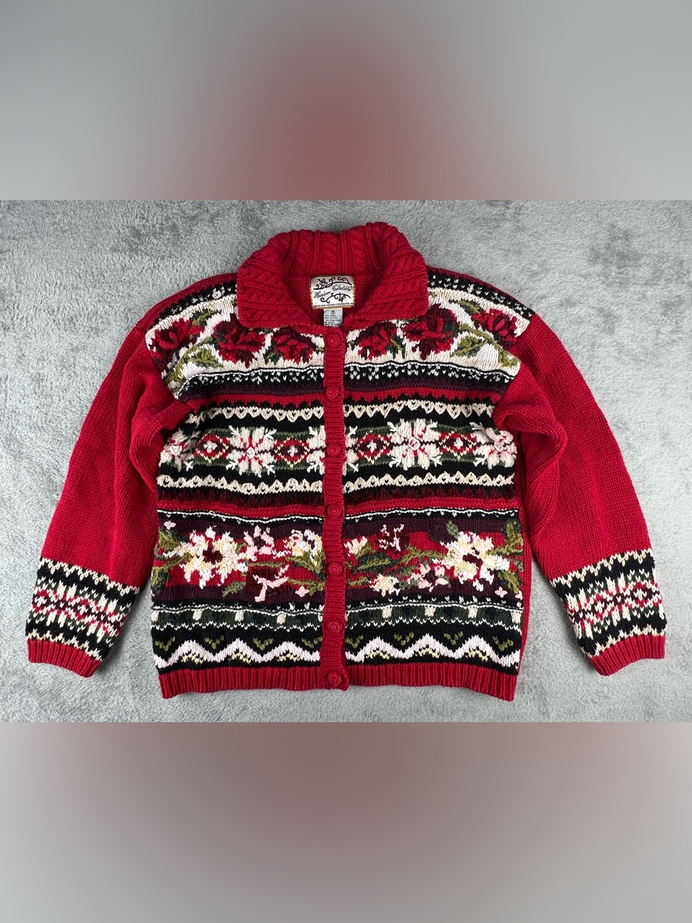 Heirloom Collectibles Women's Embroidered Christmas Cardigan Sweater Small Red